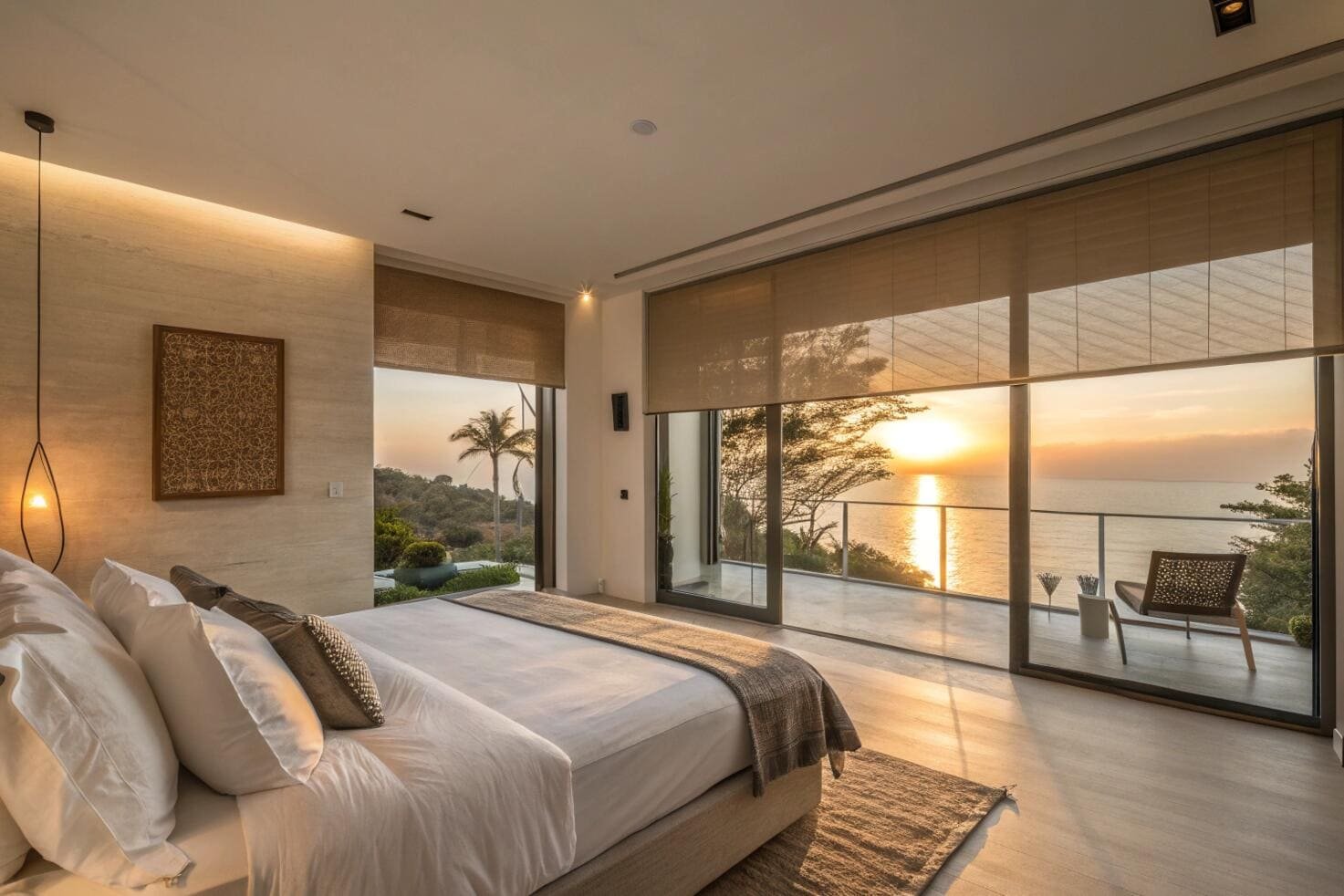 Resort bedroom with motorized roller blinds and ocean view
