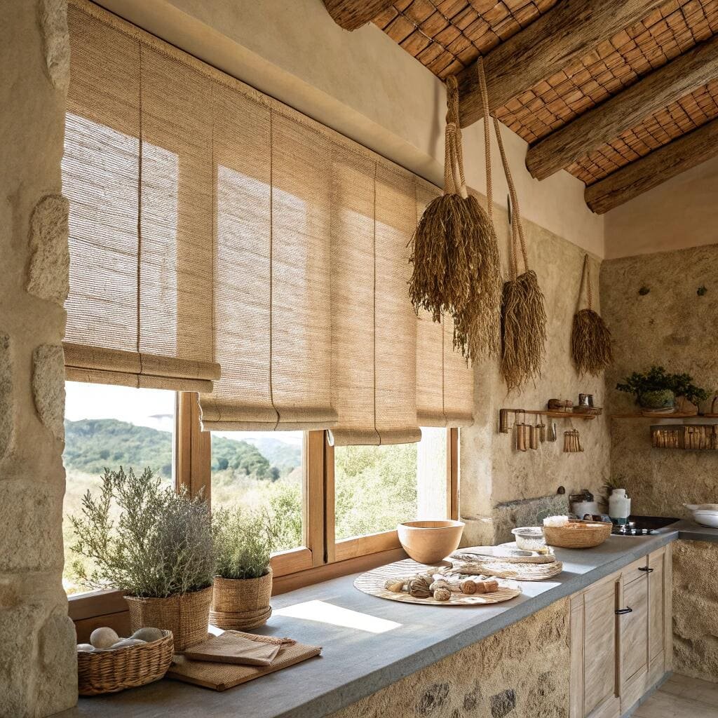 Rustic kitchen with woven roman blinds and stone walls