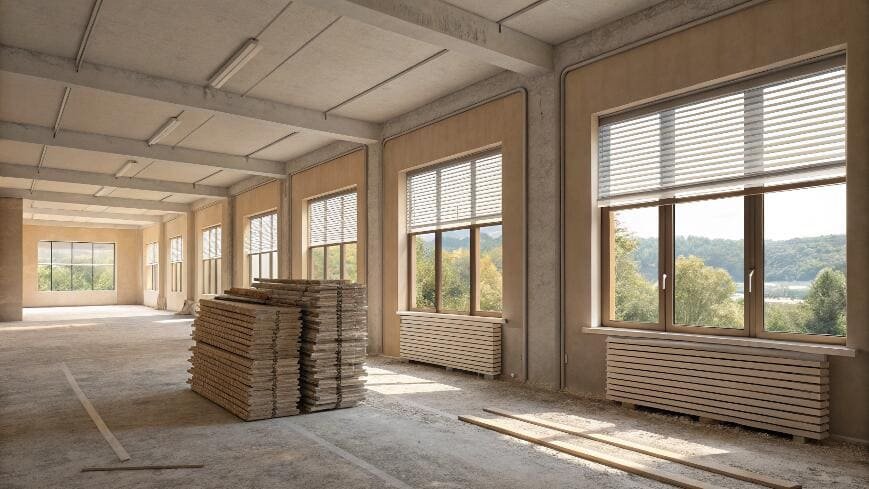 Empty industrial space with slatted blinds and wood panel stacks
