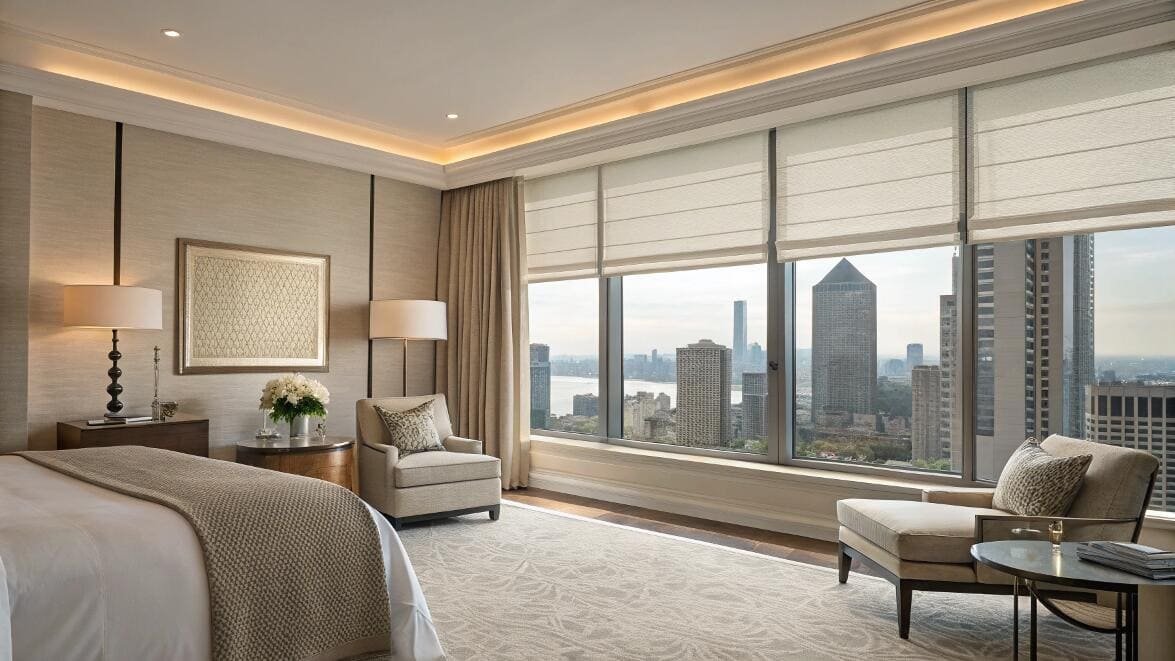 Luxury hotel suite with roman blinds and skyline view