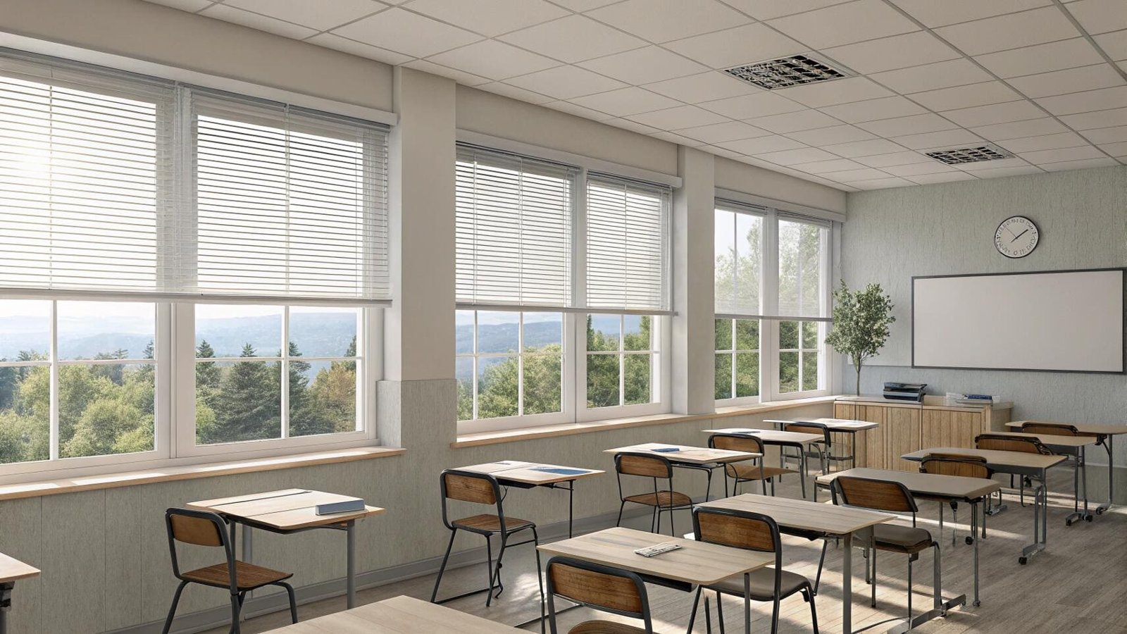 School classroom with white venetian blinds and natural sunlight