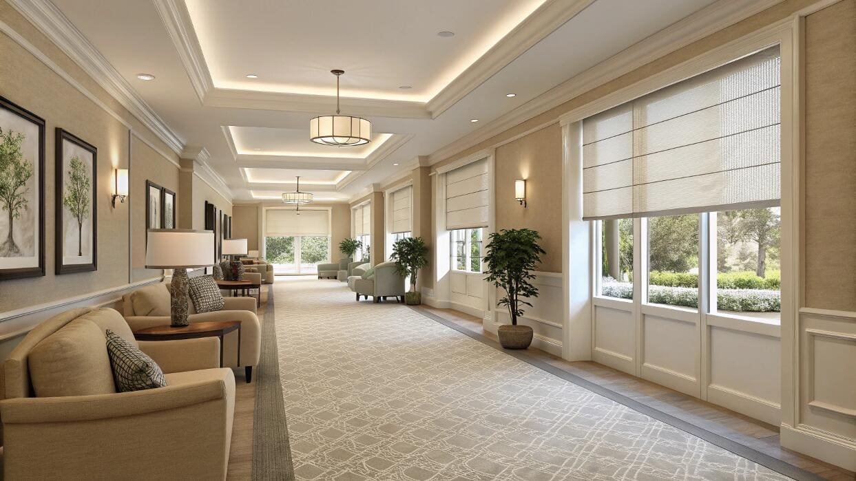 Senior living hall with soft fabric roller shades