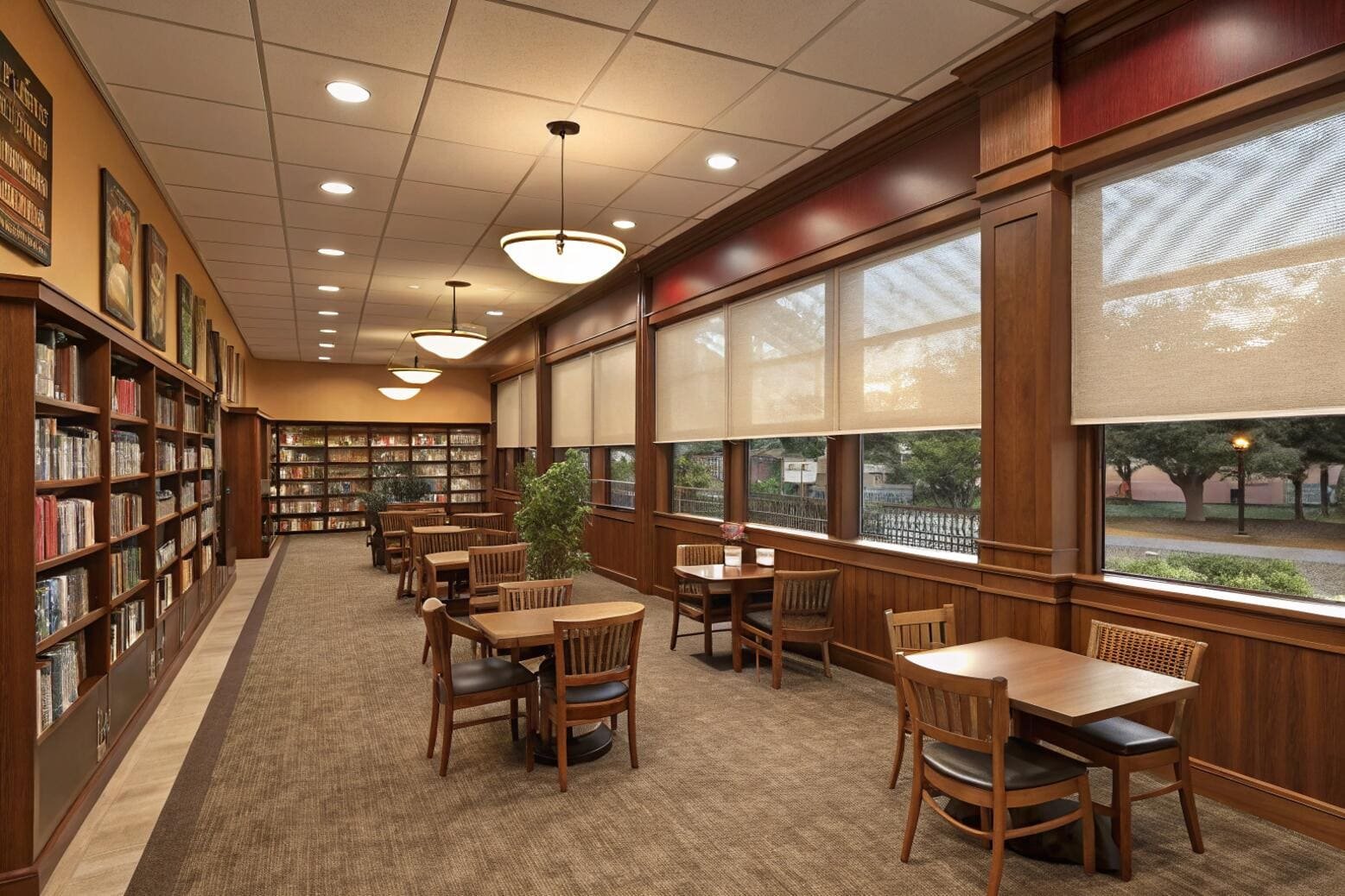 Traditional library reading nook with solar roller blinds