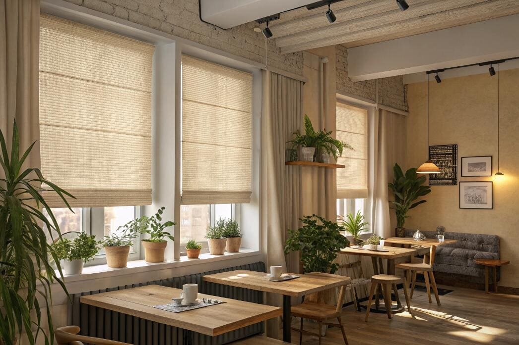 Urban cafe with decorative roman blinds and greenery