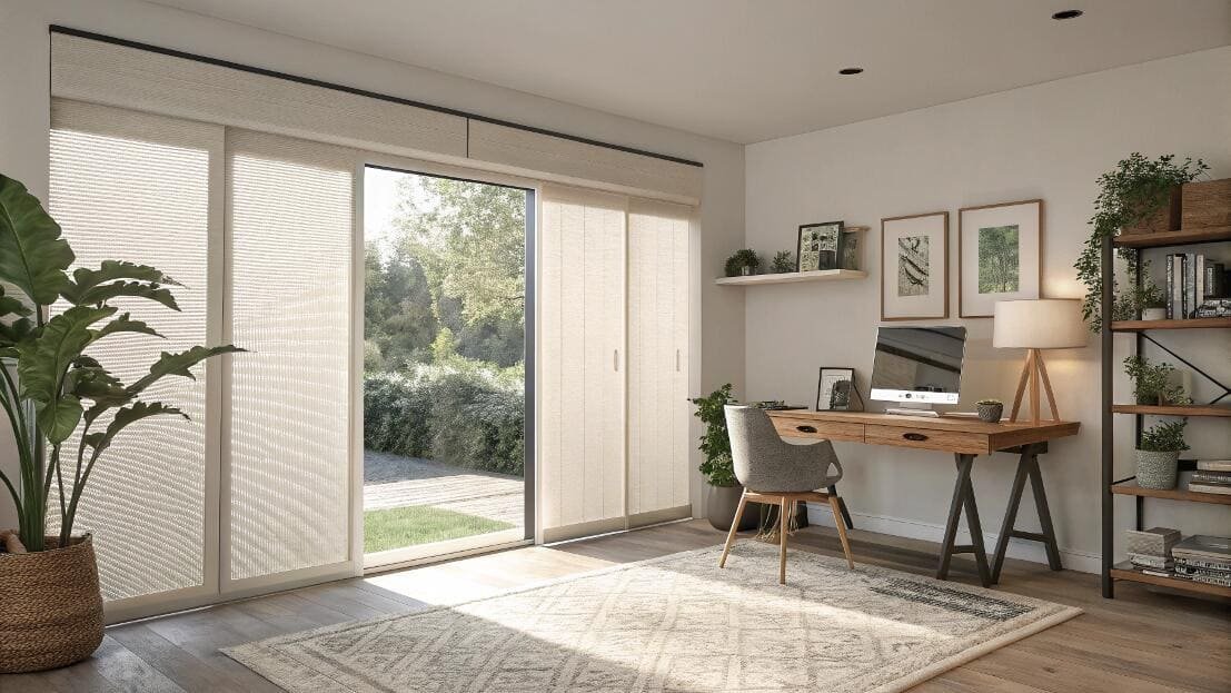 Home office with cream pleated blinds and garden view
