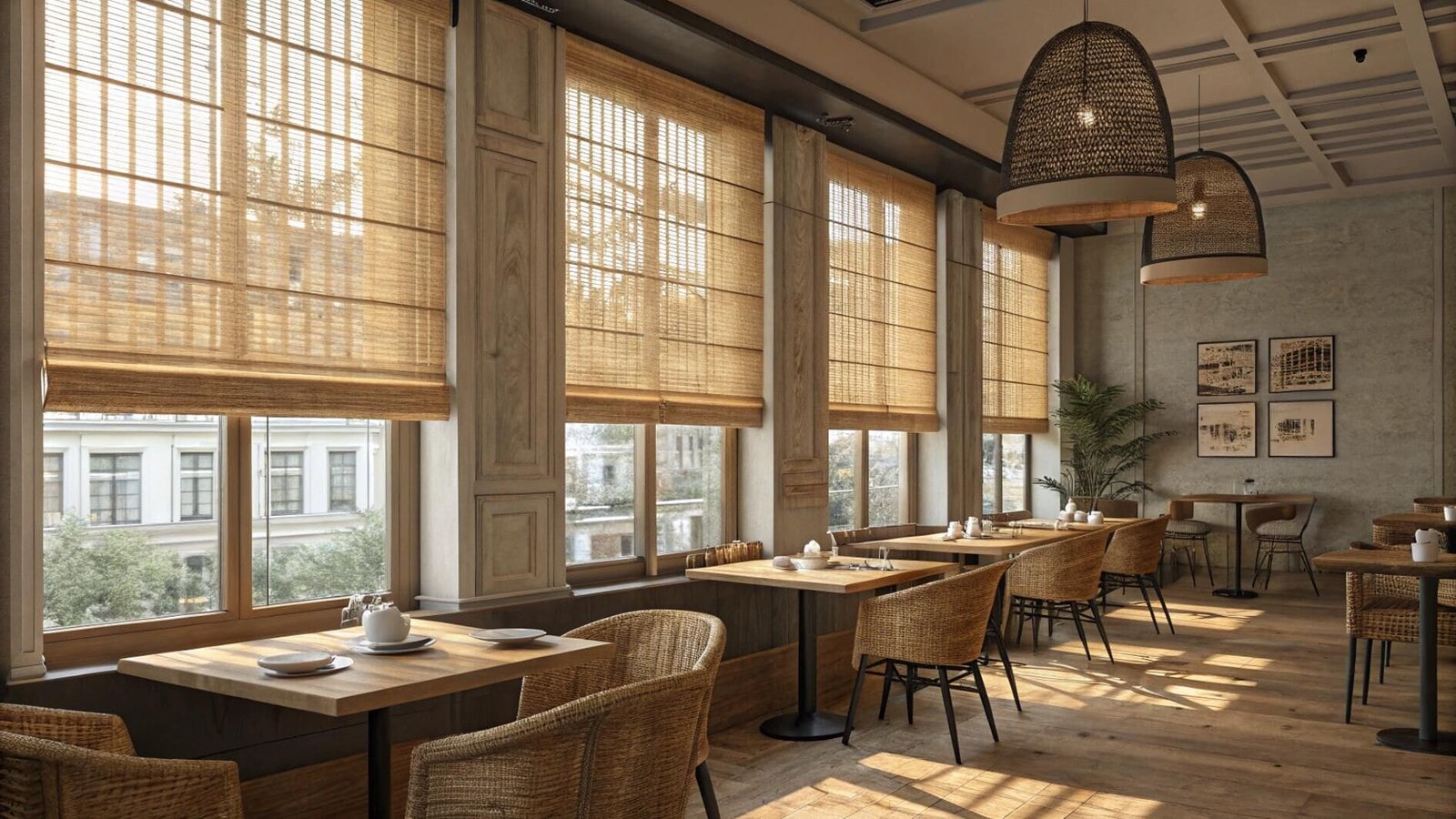 Cafe with natural woven roman blinds and cozy wooden interior