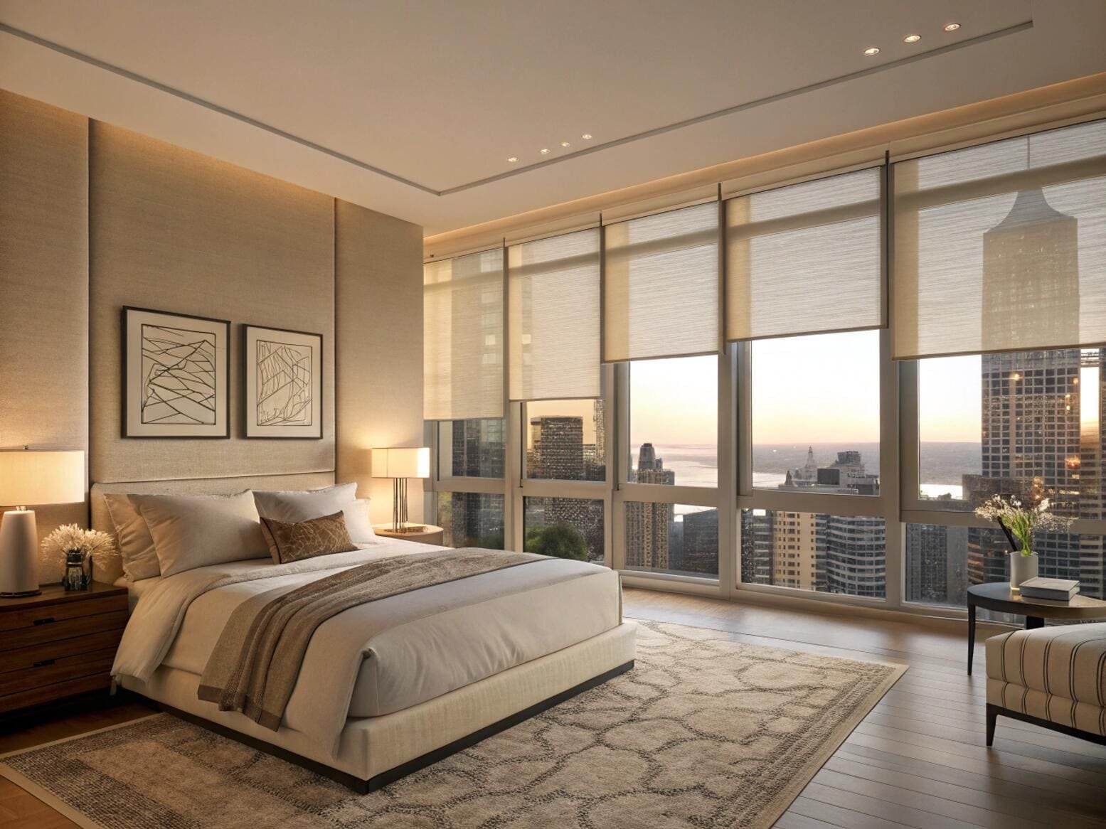 Contemporary bedroom with skyline blackout roller blinds