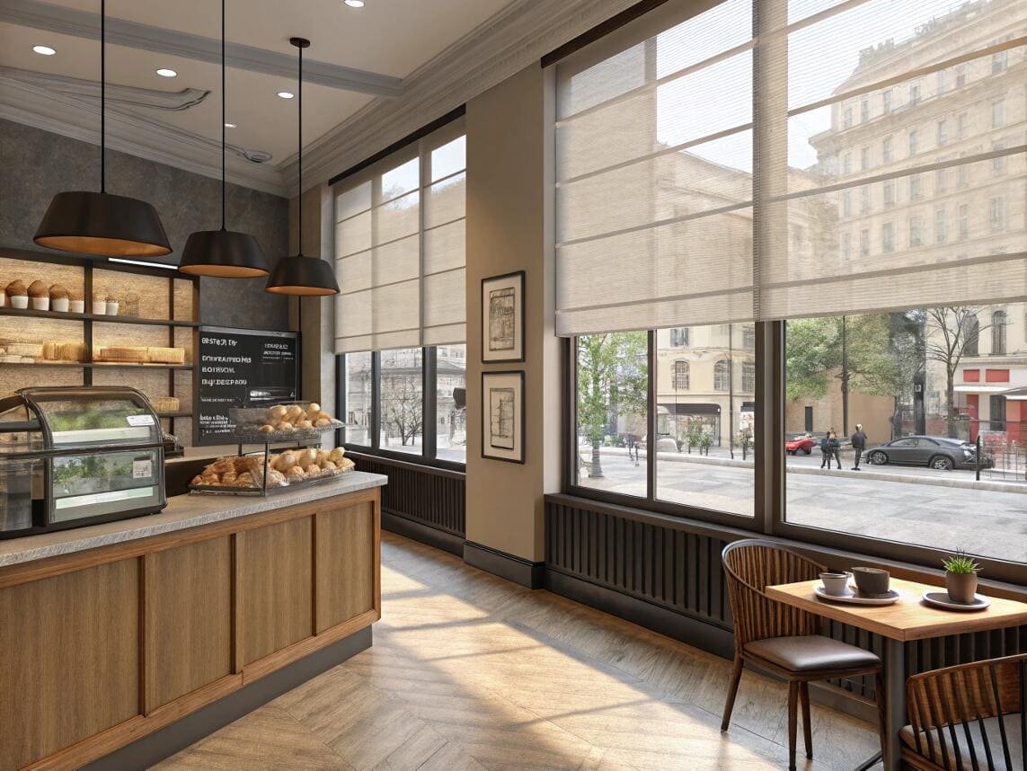 Artisan bakery enjoys street view with elegant sun-screen shades