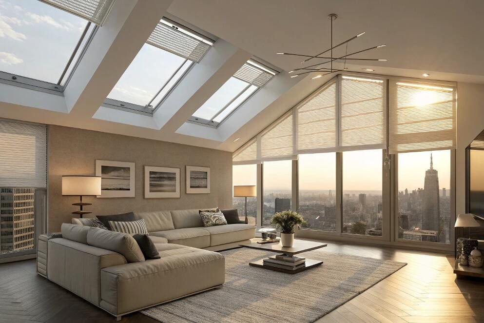 Modern penthouse living room with pleated window and skylight shades