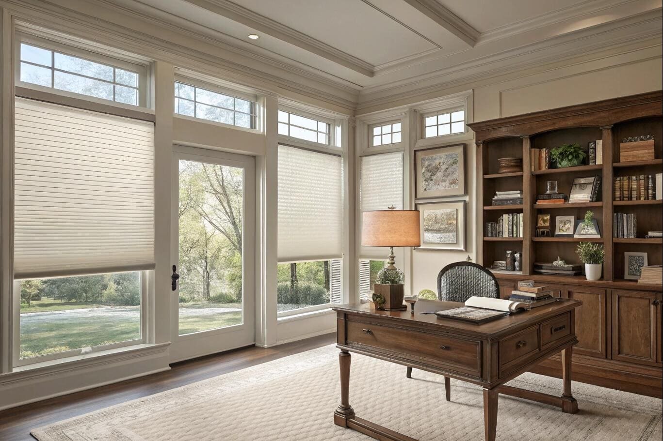 Home office with cellular blinds overlooking green garden
