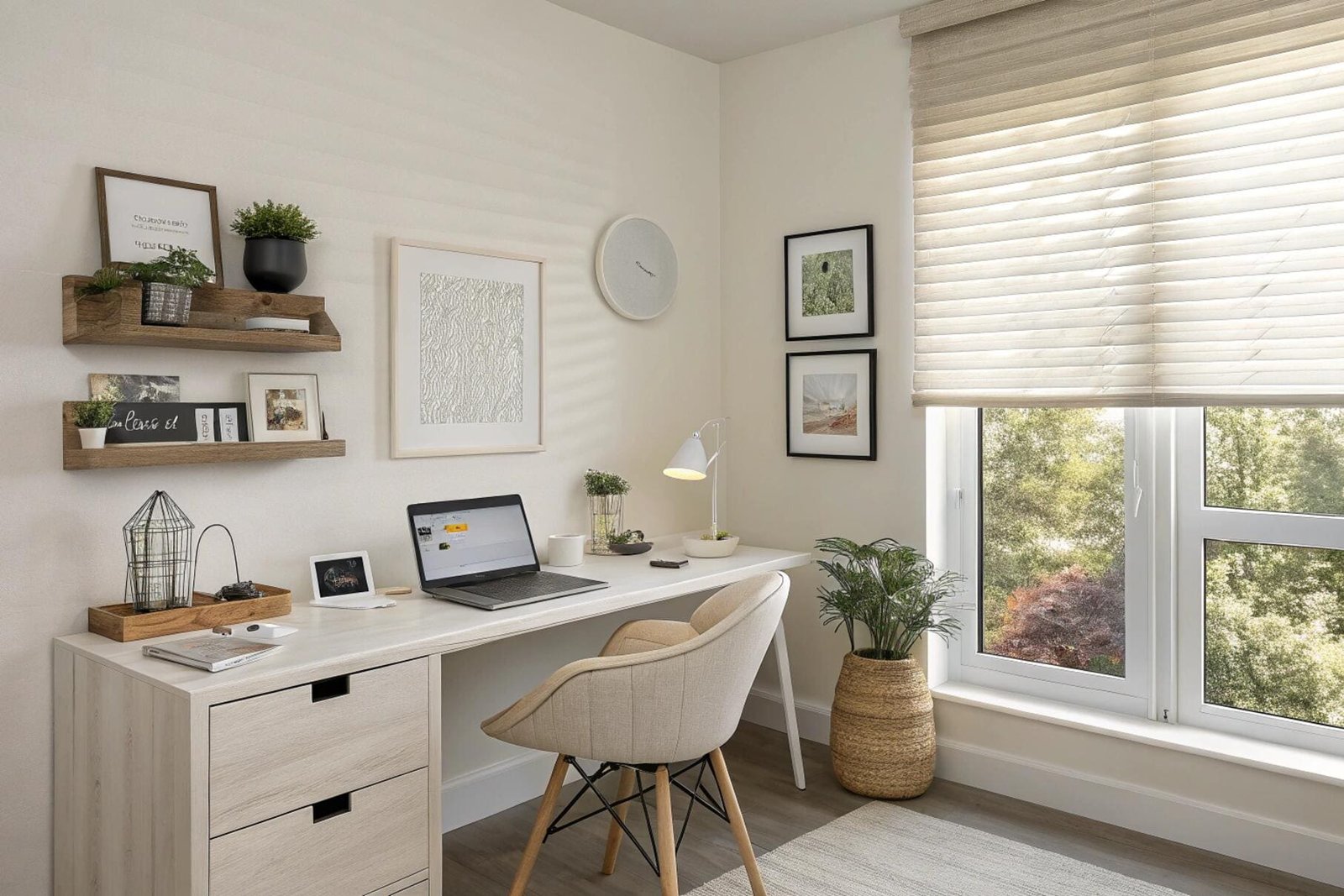 Minimalist home office with natural wood blinds for privacy