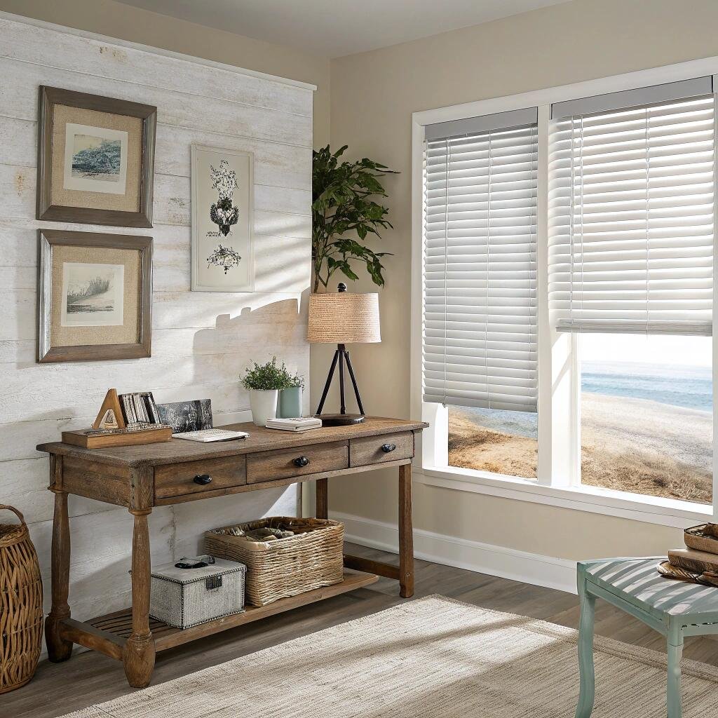 Seaside home office with white faux wood blinds