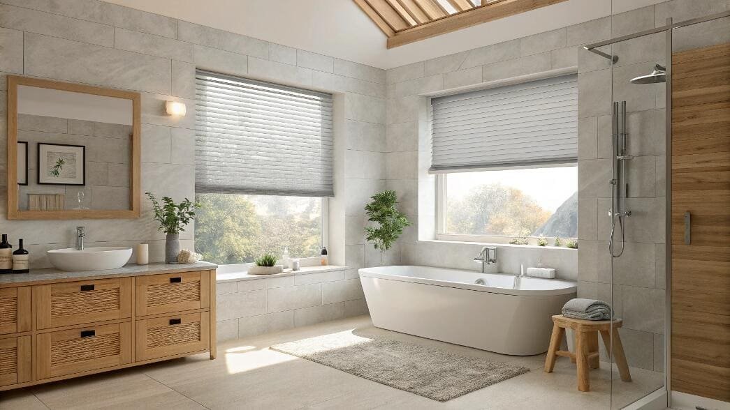 Bright bathroom with white cellular shades for enhanced privacy and insulation