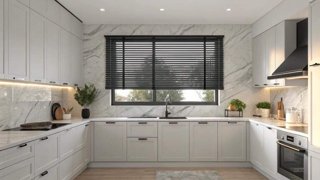 Sleek white kitchen with contrasting black horizontal blinds