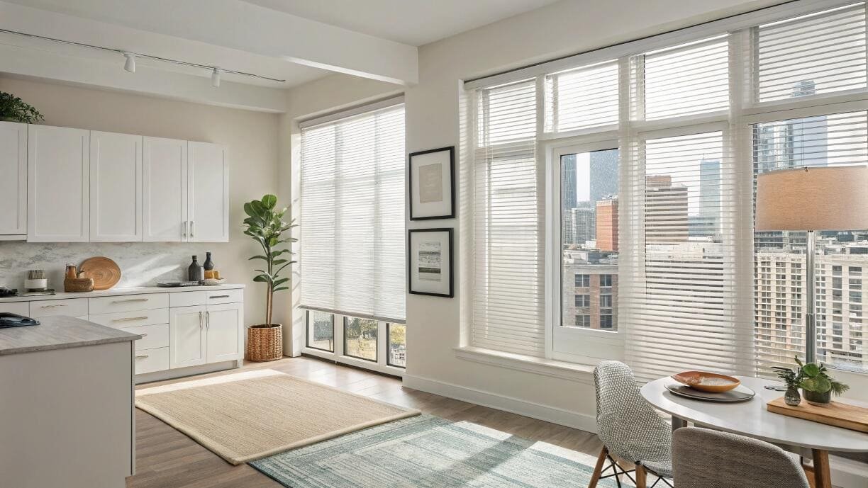Apartment kitchen dining area with white horizontal blinds and city backdrop