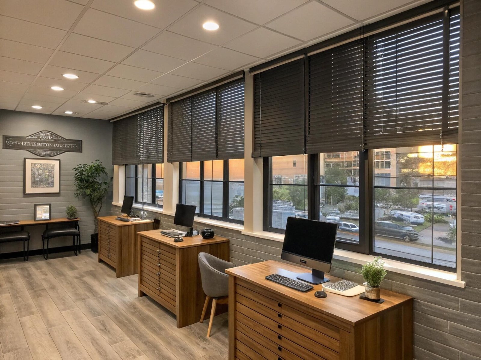 Modern office with dark horizontal blinds blocking glare from windows