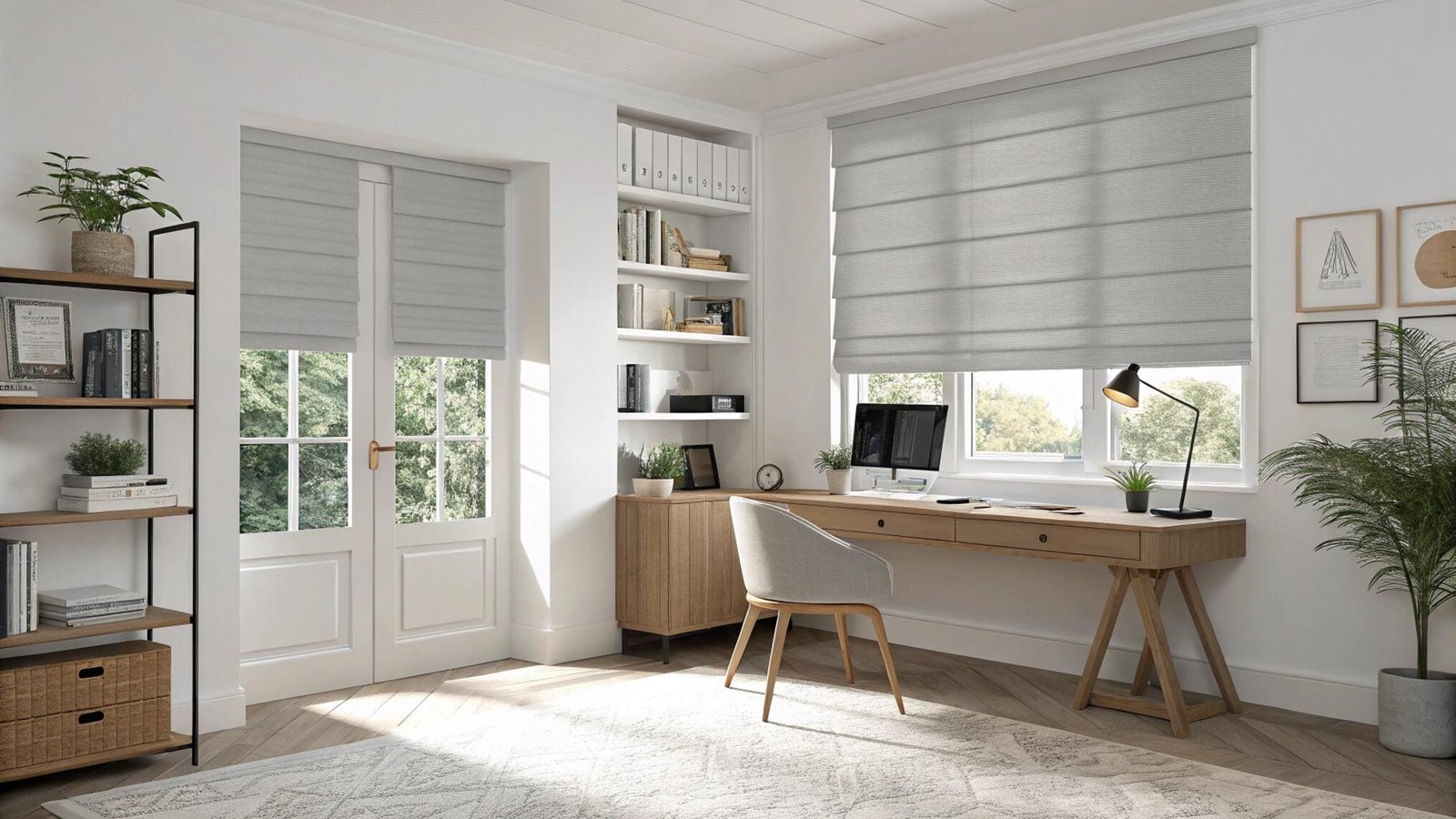 Home office with modern grey roman shades and a light wooden desk