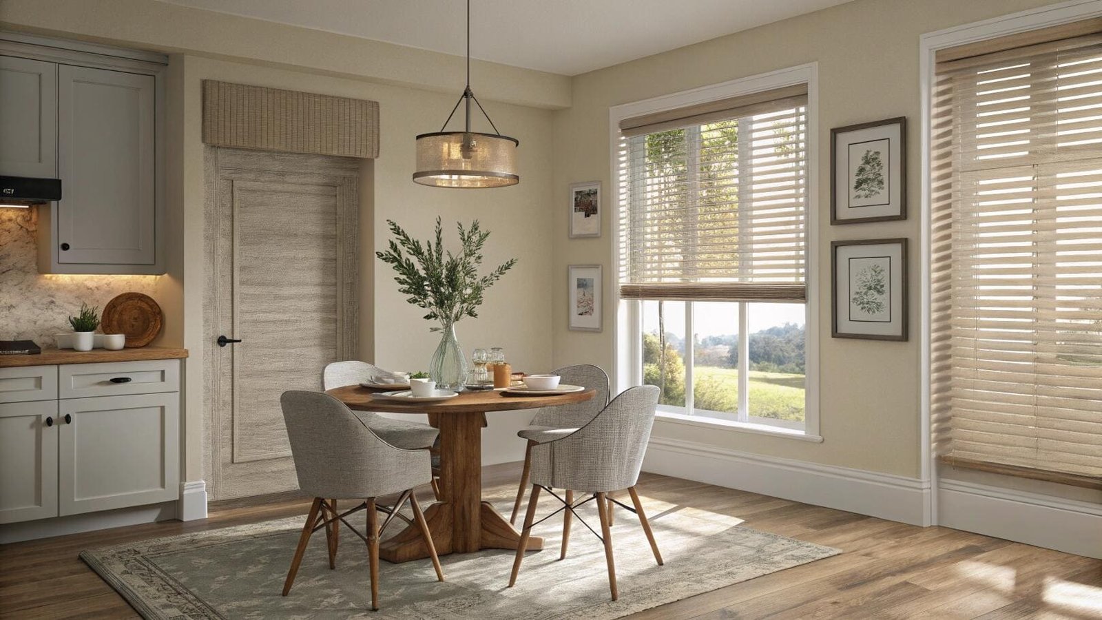 Dining area with light wood horizontal blinds in a bright setting