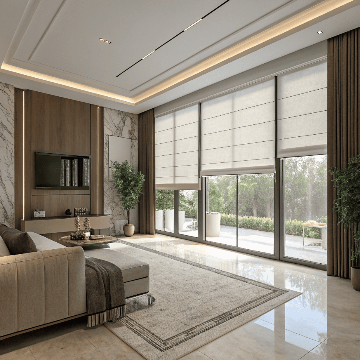 Elegant living room with motorized roller blinds