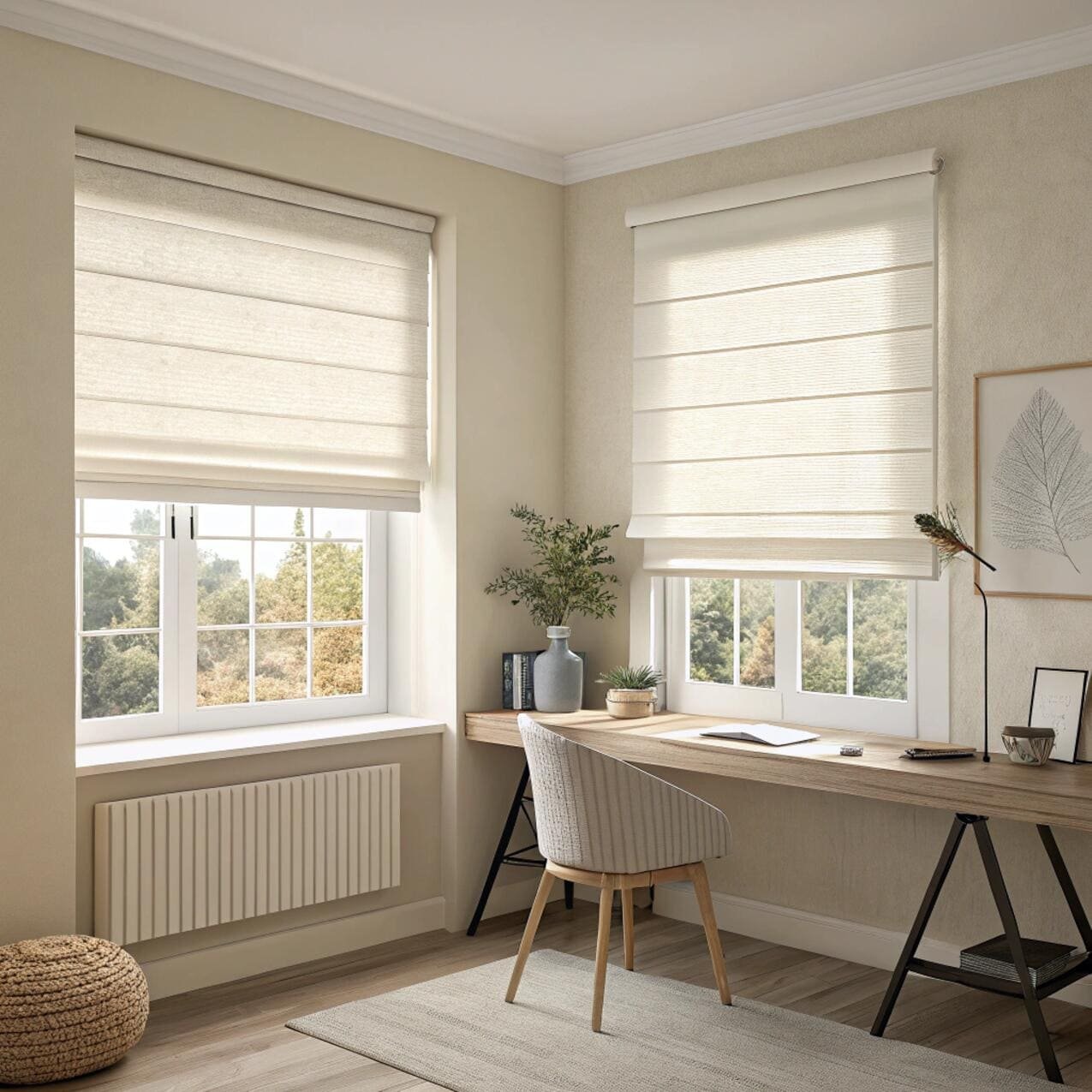 Corner home office with double roman blinds
