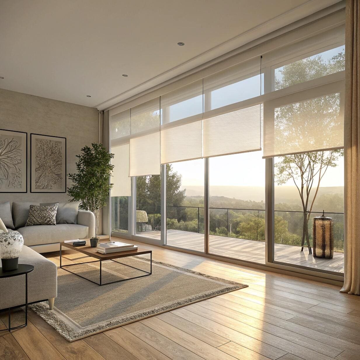 Living room with light filtering roller blinds