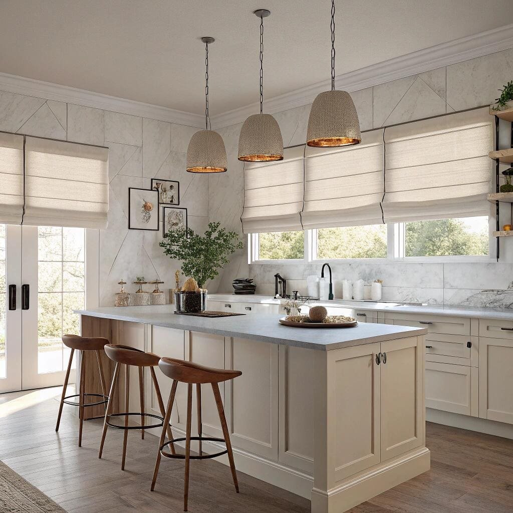 Modern kitchen with neutral roman shades and island