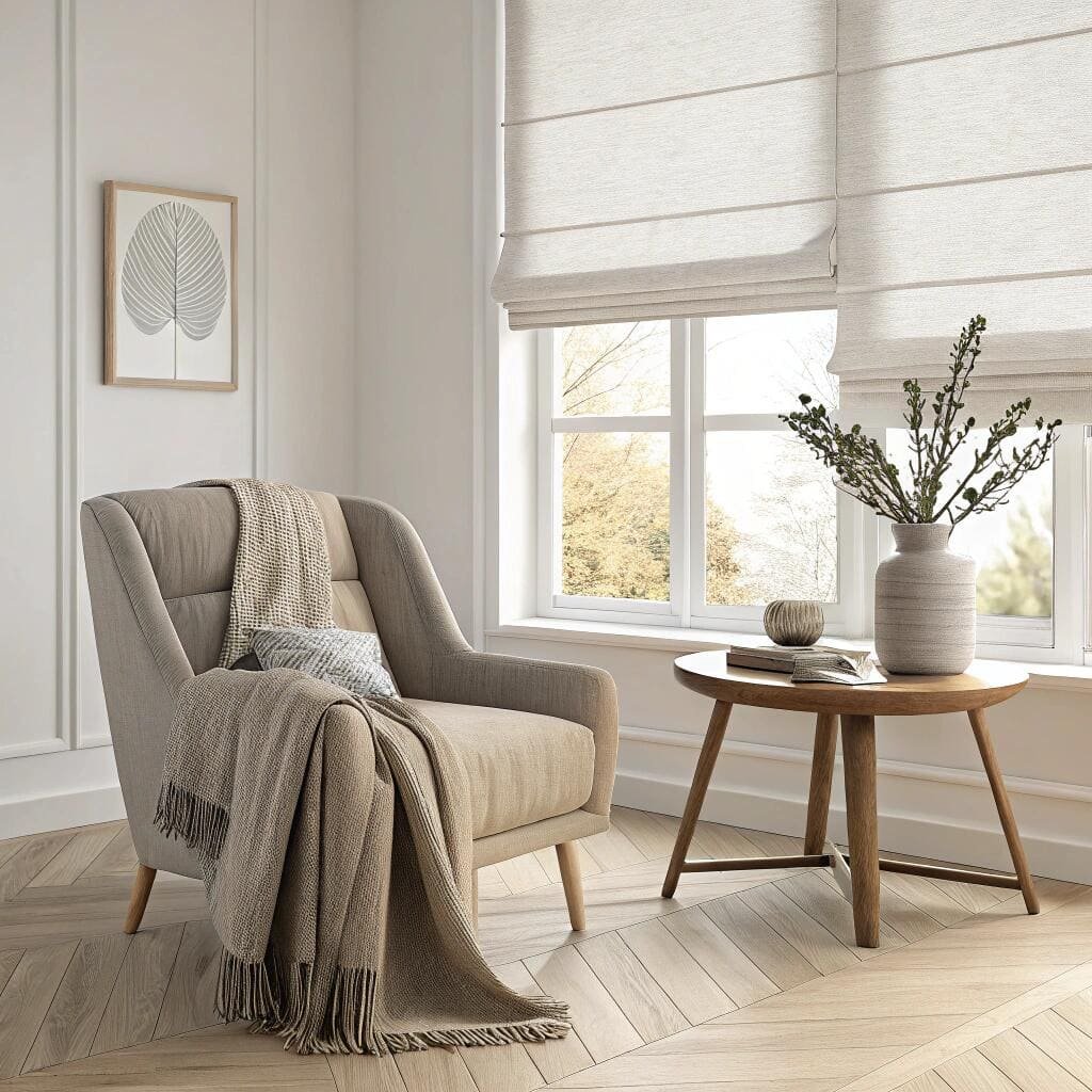 Cozy reading nook with soft roman shades and chair
