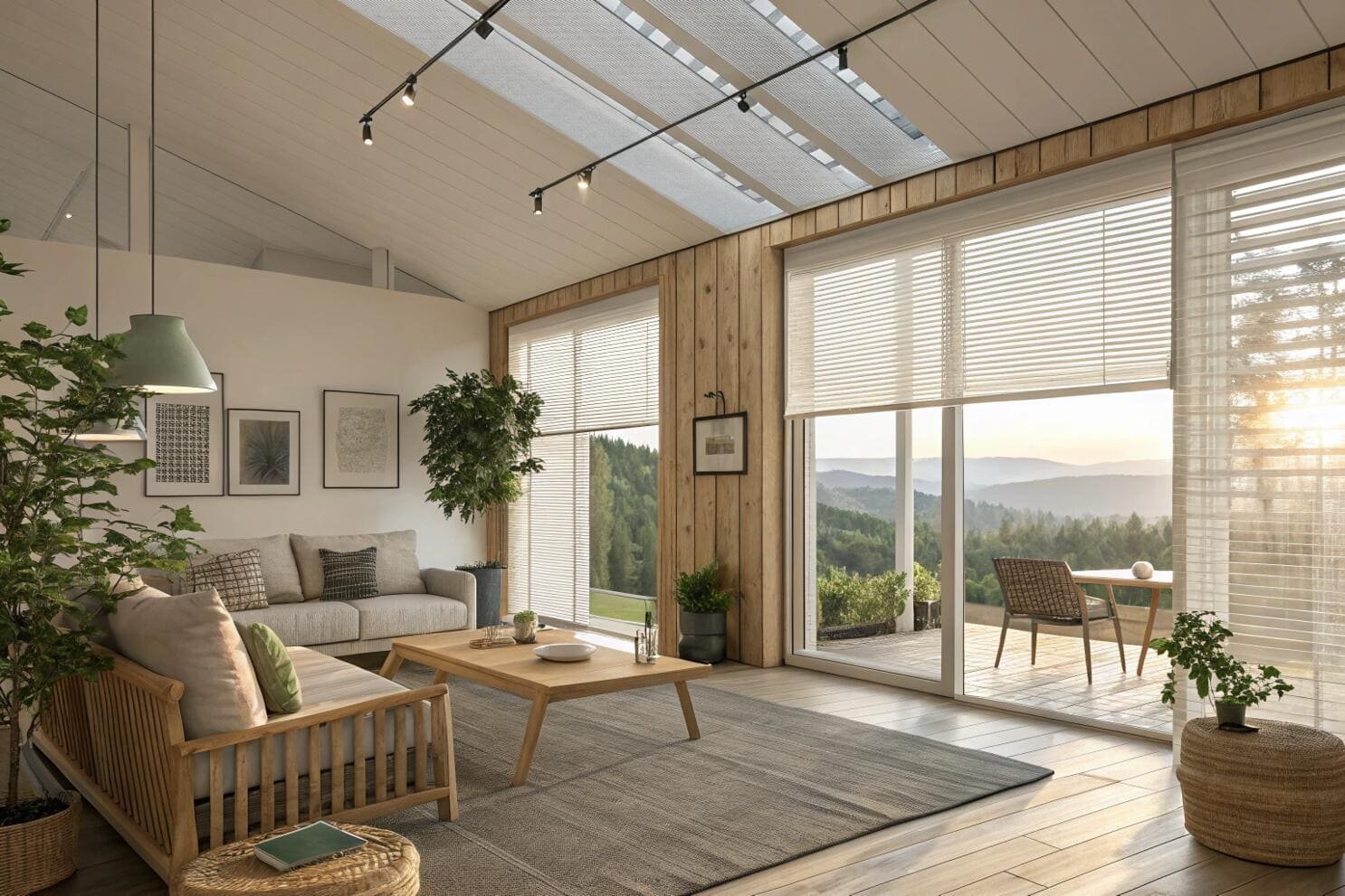 Cozy sunroom with smart venetian blinds and nature view