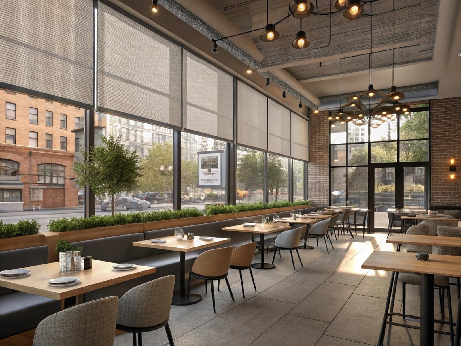 Urban restaurant with large minimal roller shades