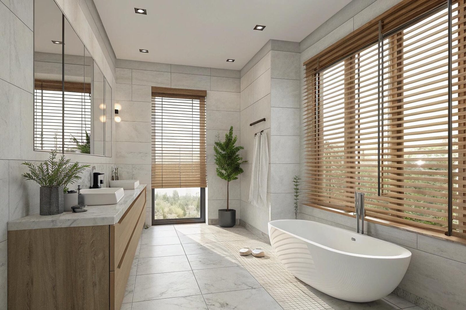 Minimalist bathroom with natural wood blinds and freestanding tub