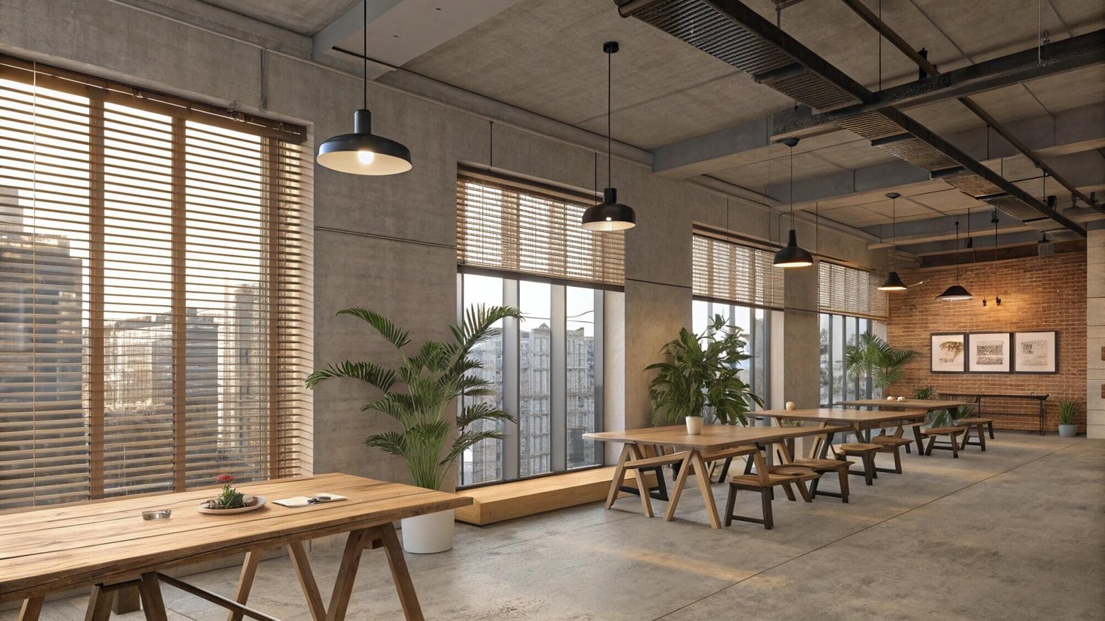 Industrial coworking space with natural wood blinds