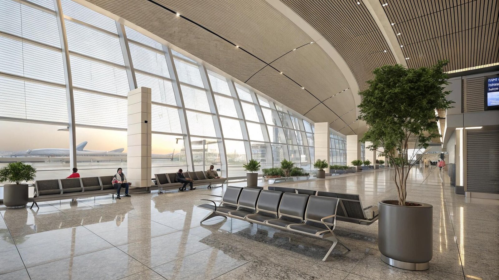 Airport terminal with large windows and venetian blinds