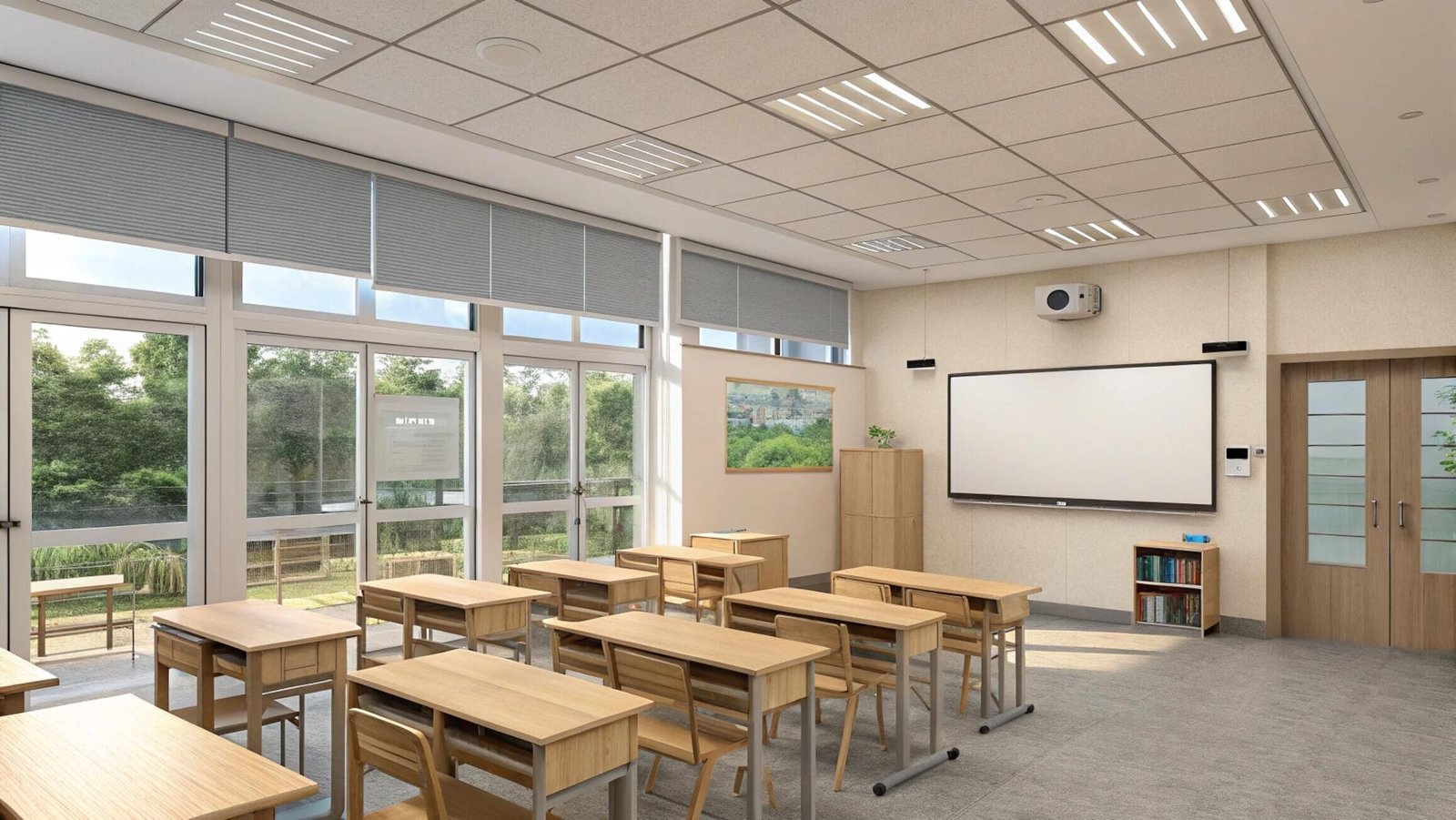 School classroom with light-filtering celluar blinds
