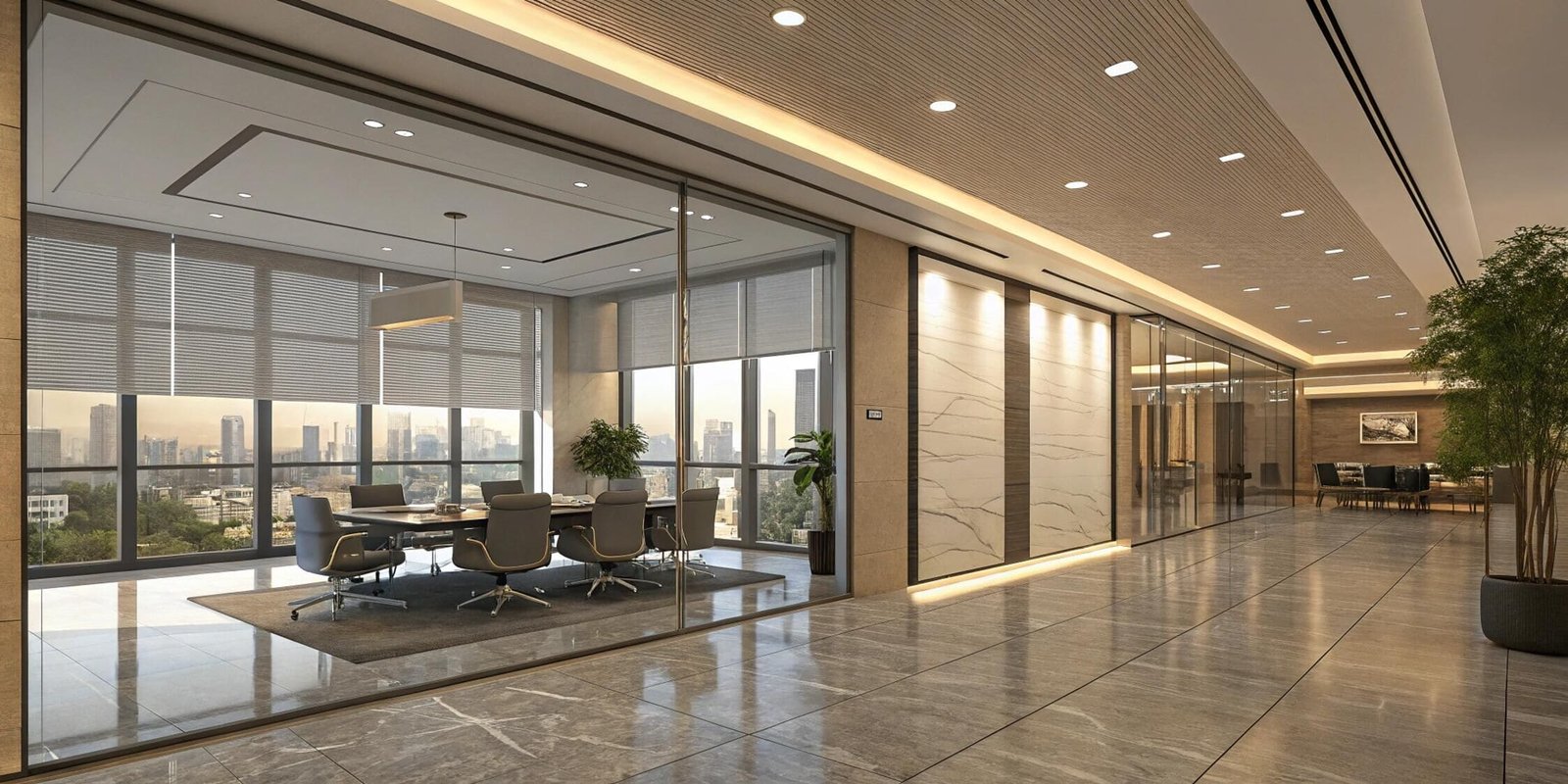 Glass meeting room with solar roller blinds