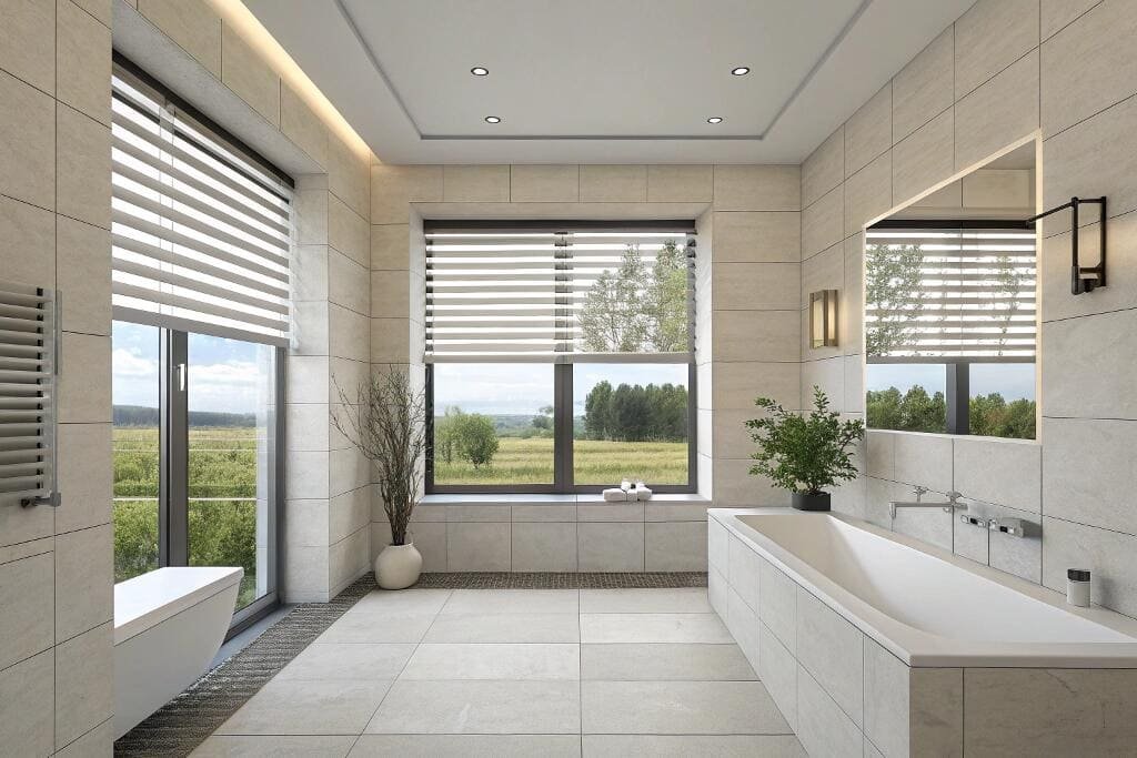 Modern bathroom with zebra roller blinds