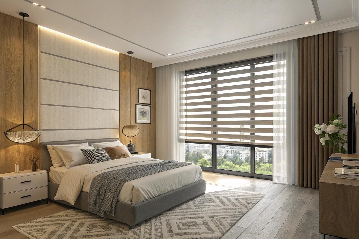 Contemporary bedroom with privacy zebra blinds