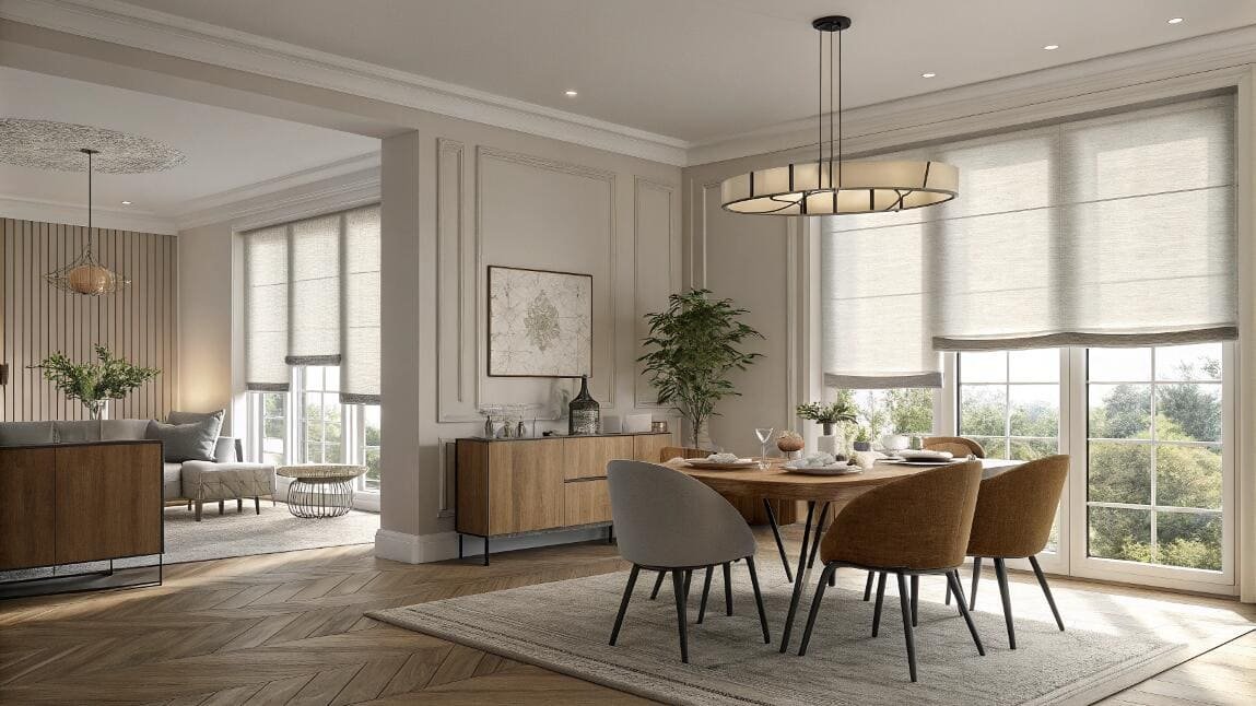Dining room with textured roller blinds