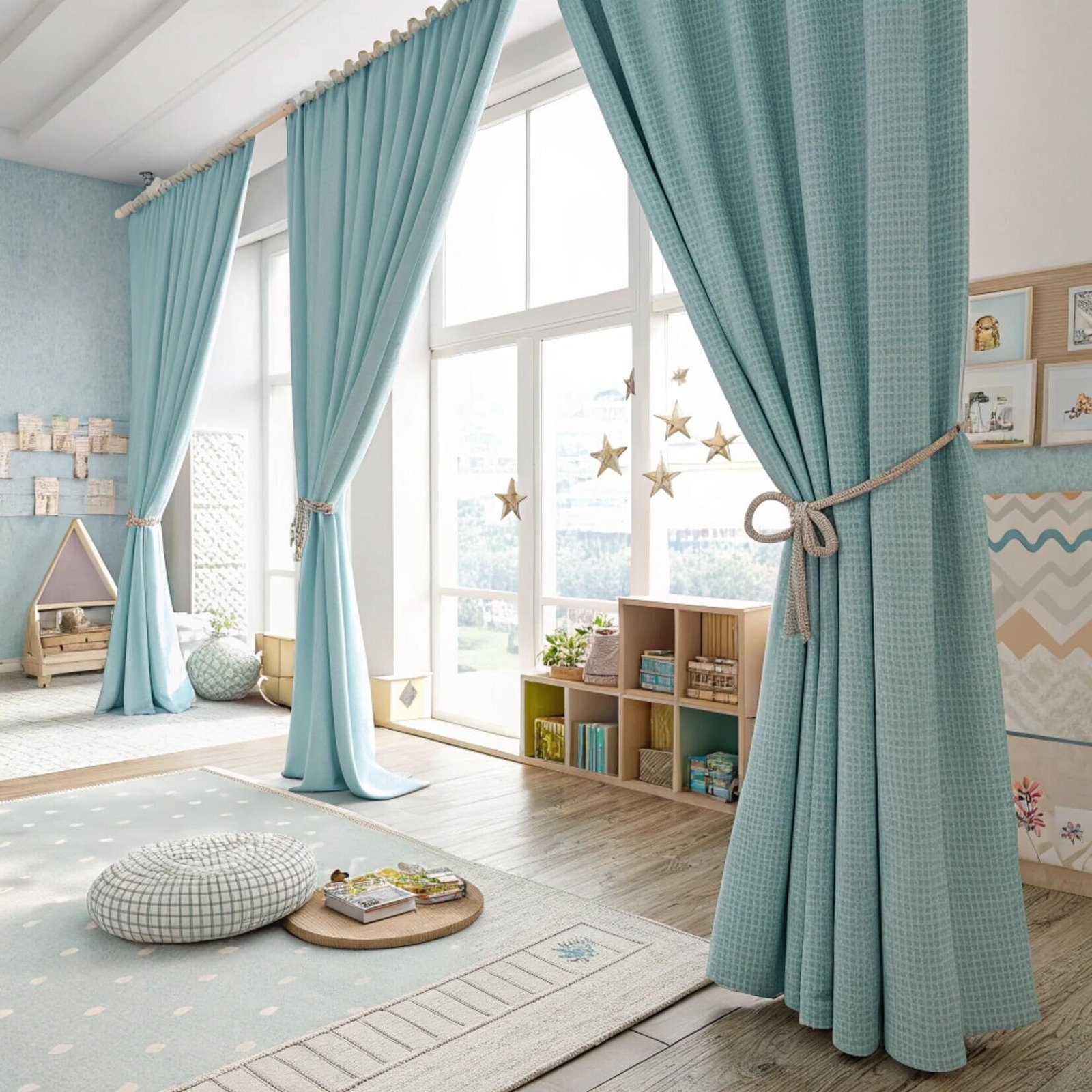 Playroom with bright blue curtains and large windows