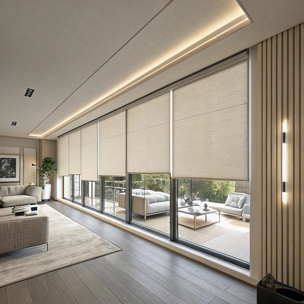 Spacious living room with motorized beige roller blinds