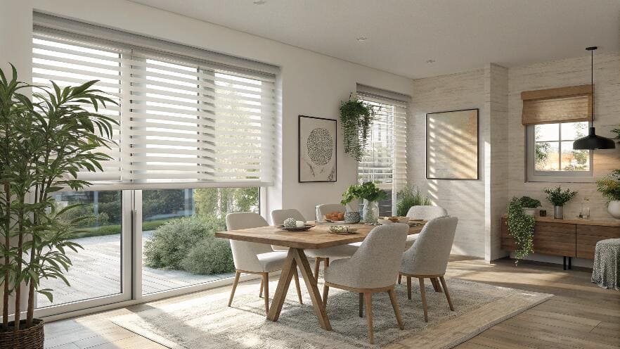 Cozy dining area with day and night zebra blinds