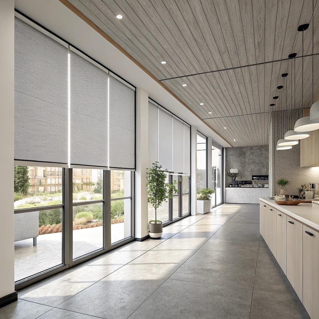 Modern kitchen with solar roller shades and natural light