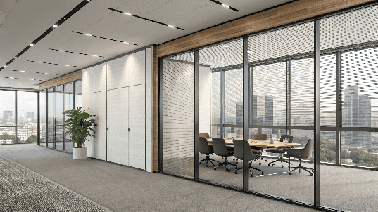 Conference room with glass walls and pleated blinds