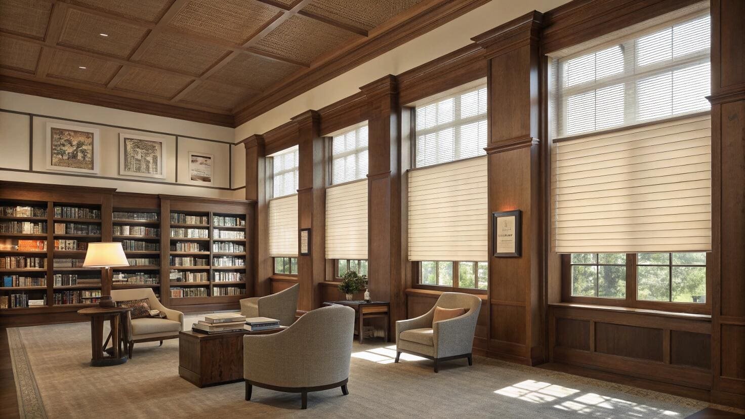 Traditional library with cream roman blinds and wood shelving