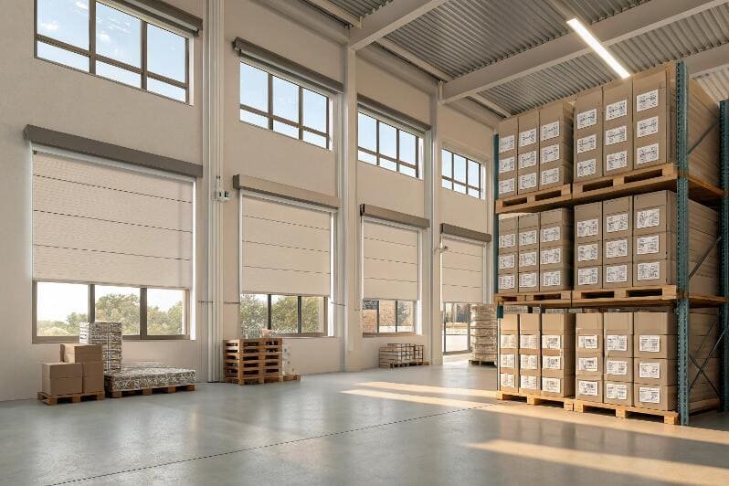 Factory storage area with solar roller blinds and tall windows