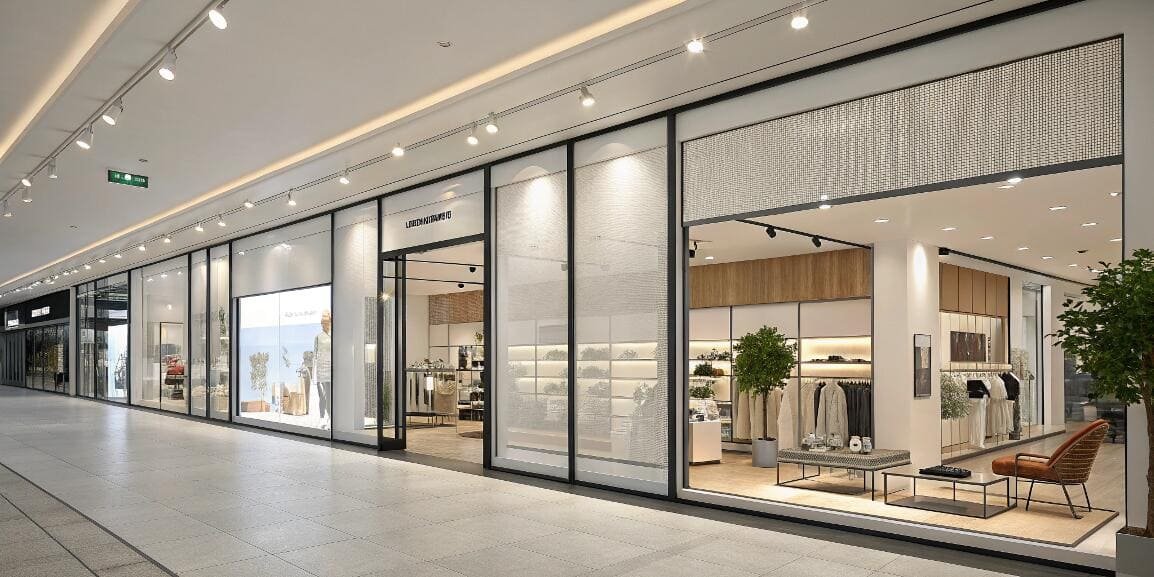 Retail storefront with solar roller blinds and modern design