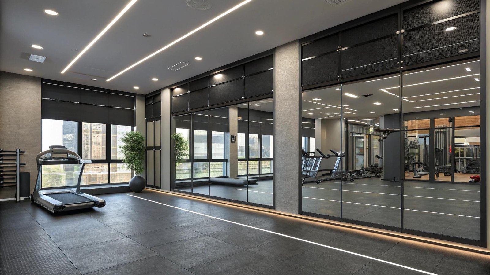 Fitness gym with black-out roller blinds and mirrors