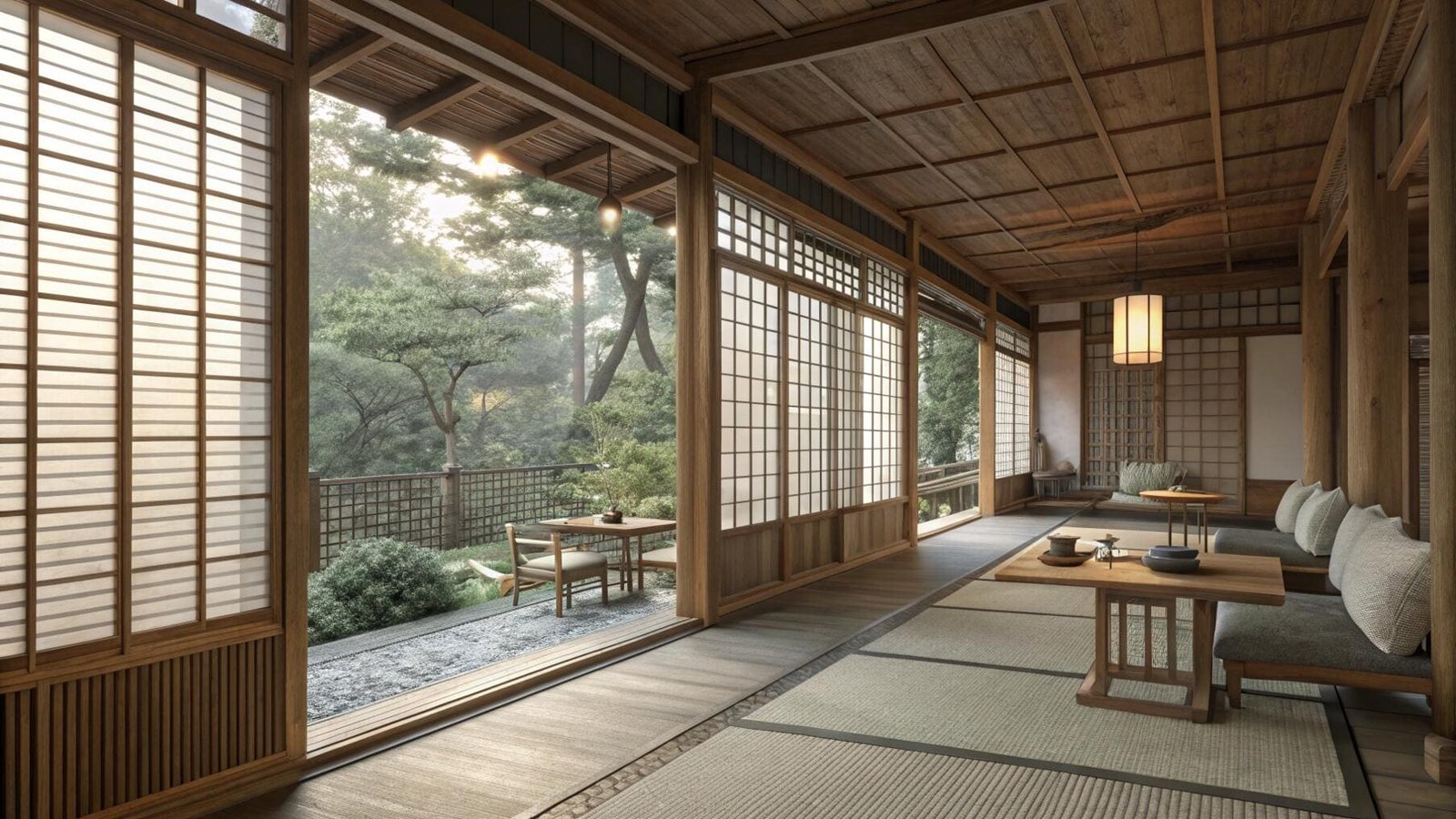 Japanese tea room with traditional shoji screens