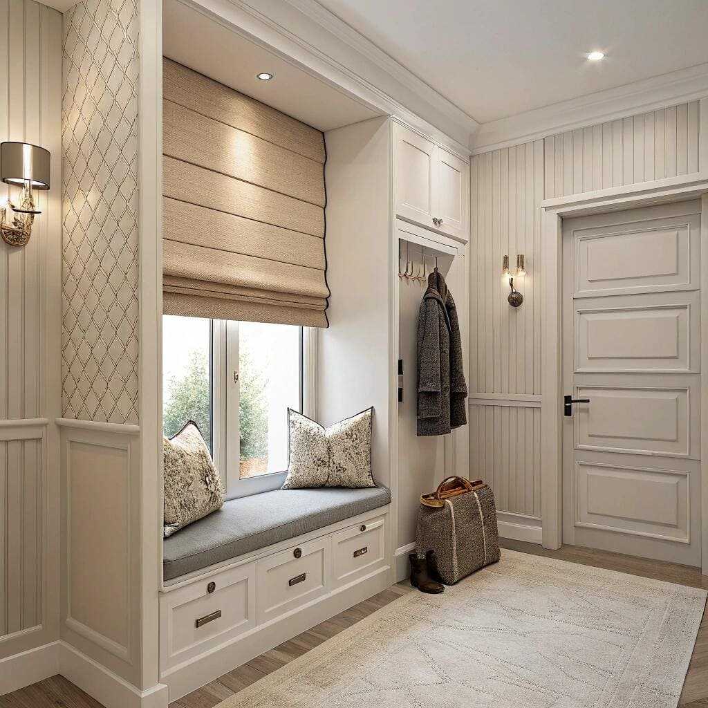 Entryway with beige roman shades and built-in bench