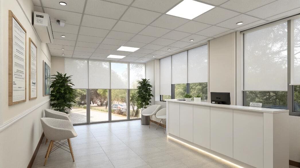 Minimalist medical reception with white roller blinds