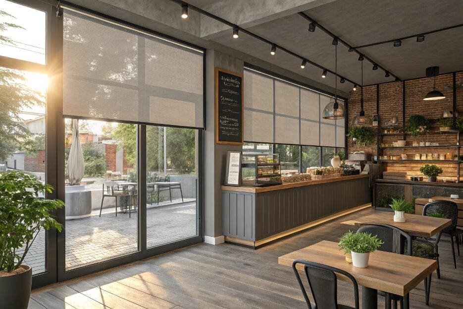 Trendy coffee shop with sheer roller blinds and natural lighting